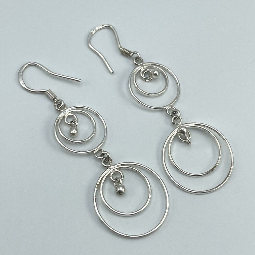 Vintage FAS 925 Sterling Silver Earrings Dangle Circular Statement Boho Cute